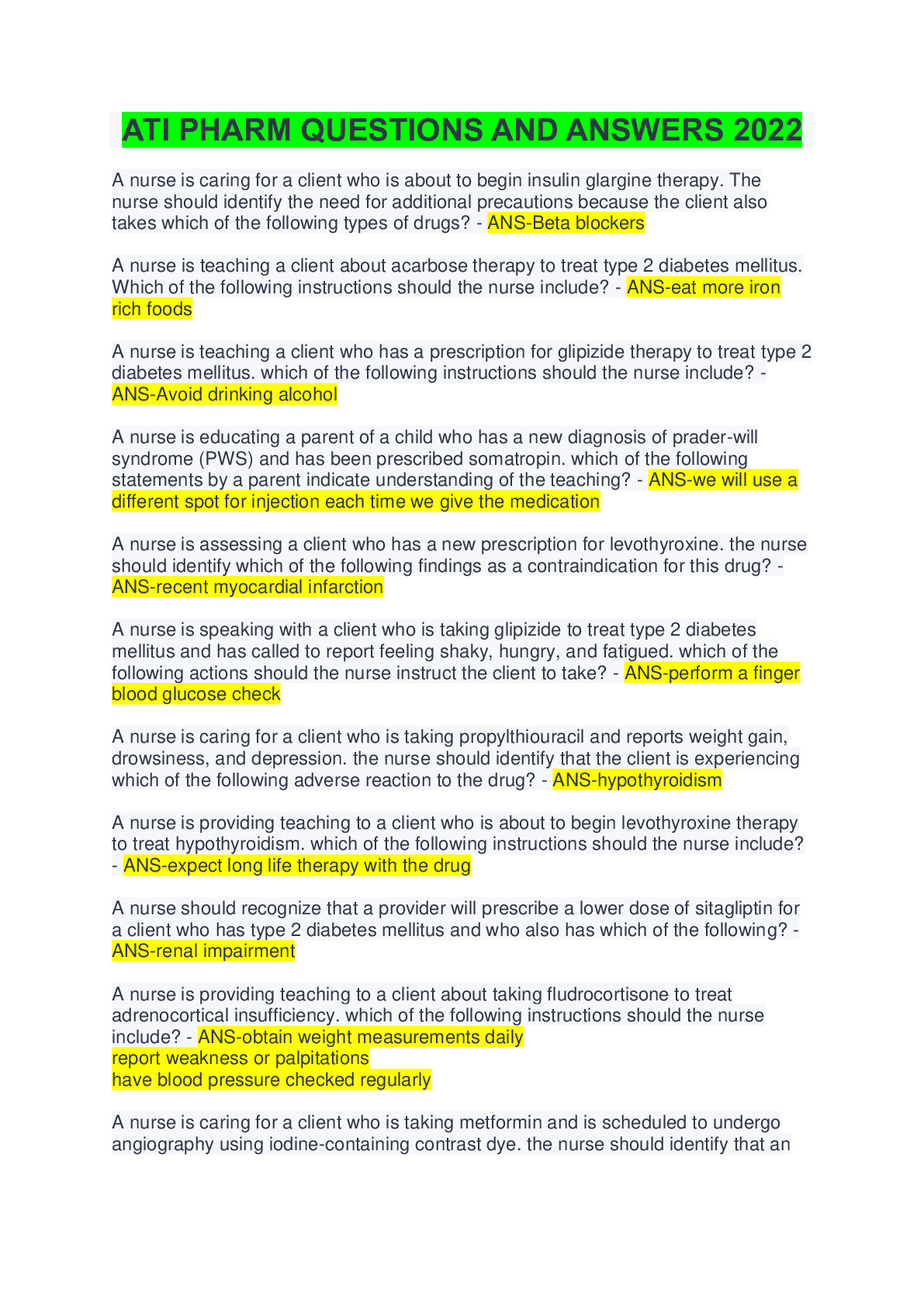 Preview image for ATI PHARM QUESTIONS AND ANSWERS 2022